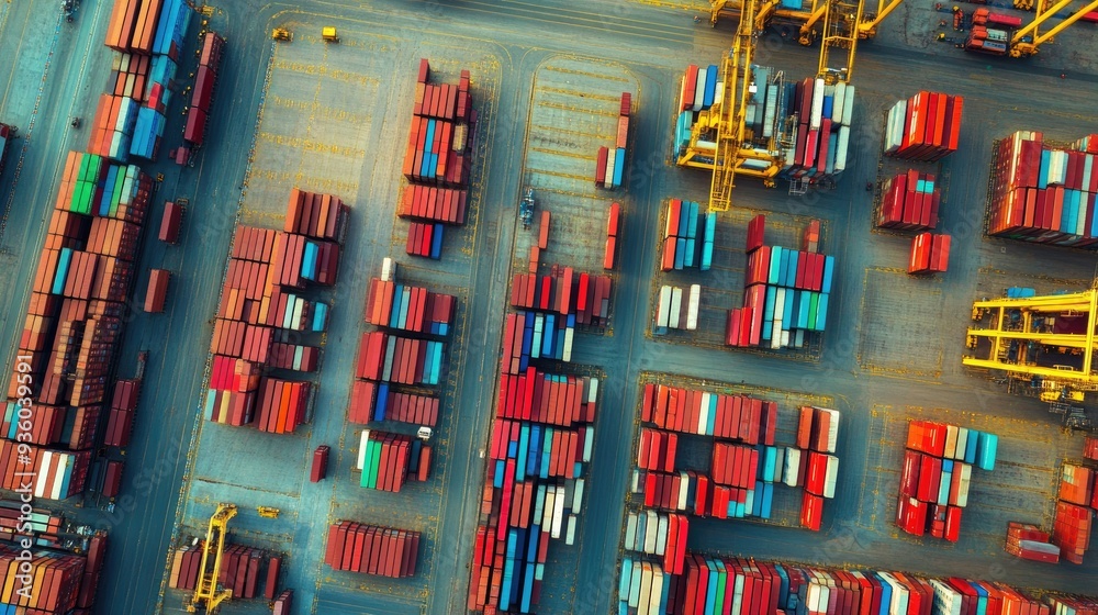Obraz premium Aerial view of shipyard, rows of containers, global trade scene, 3D illustration
