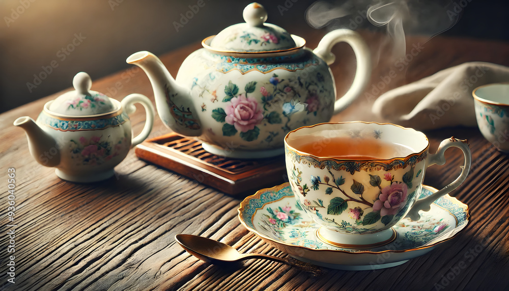 Steaming Tea in a Floral Porcelain Cup with a Matching Teapot on a Wooden Table Steaming Tea in a Floral Porcelain Cup with a Matching Teapot on a Wooden Table