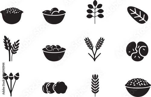 A minimalist vector icon set with a dietary fiber, whole grains, meal timing, and energy balance