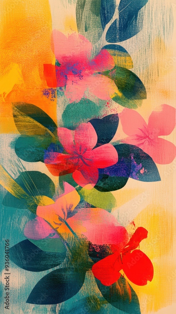 Bright flowers and leaves intertwine in a dynamic composition, showcasing vivid colors and layered textures in an abstract design Bright flowers and leaves intertwine in a dynamic composition, showcasing vivid colors and layered textures in an abstract design