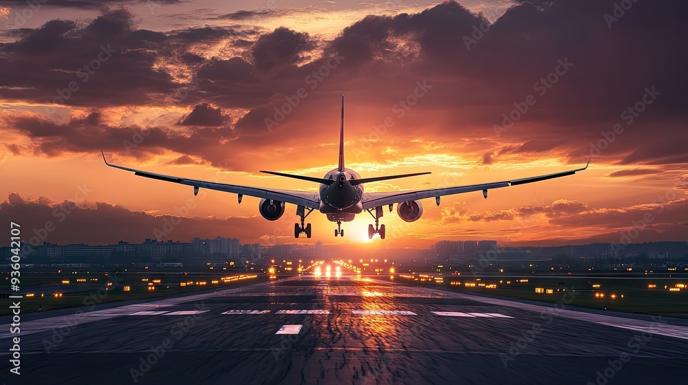Passenger airplane landing at sunset on a runway Passenger airplane landing at sunset on a runway