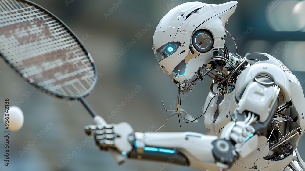 Fototapeta premium Robot Badminton Player Smashing Birdie: A robot badminton player smashing the shuttlecock with precision. 