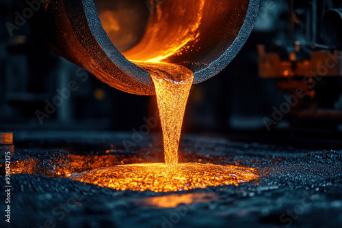 Steel plant with molten metal being poured, highlighting metal production photo