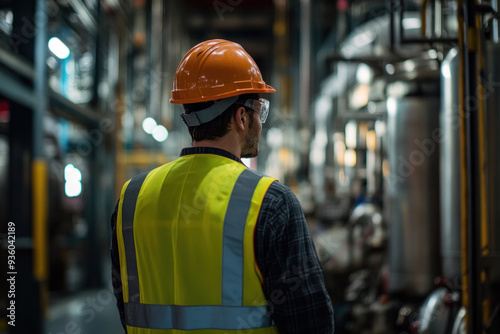 Worker in a safety helmet and vest inspecting industrial equipment, representing workplace safety