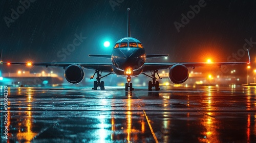 passenger plane on the platform at night, lights, front view