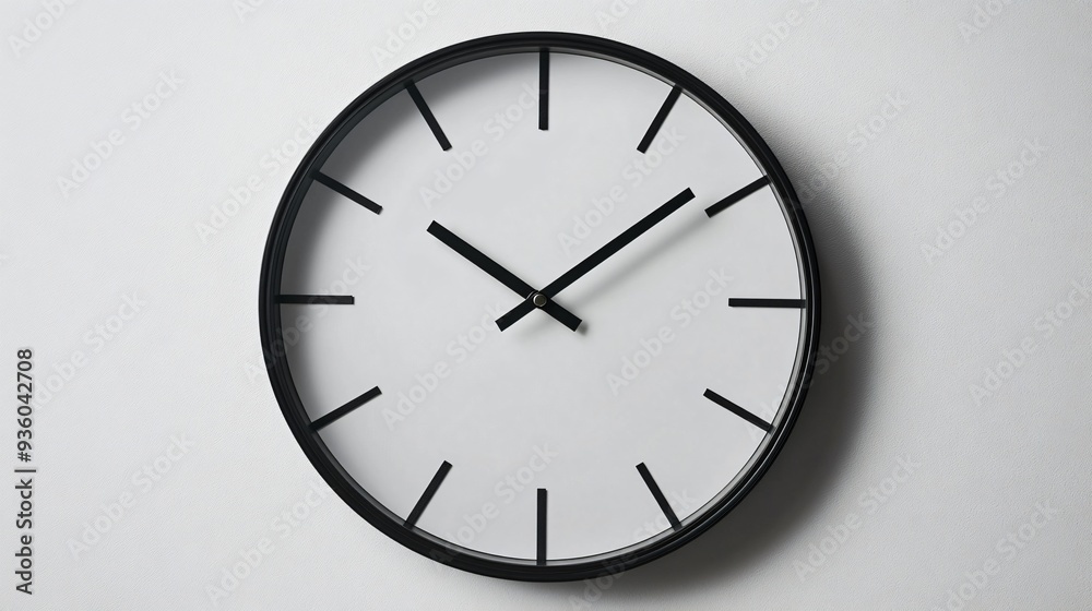 Minimalist Wall Clock with Black Hands on White Face Mounted on White Wall Minimalist Wall Clock with Black Hands on White Face Mounted on White Wall