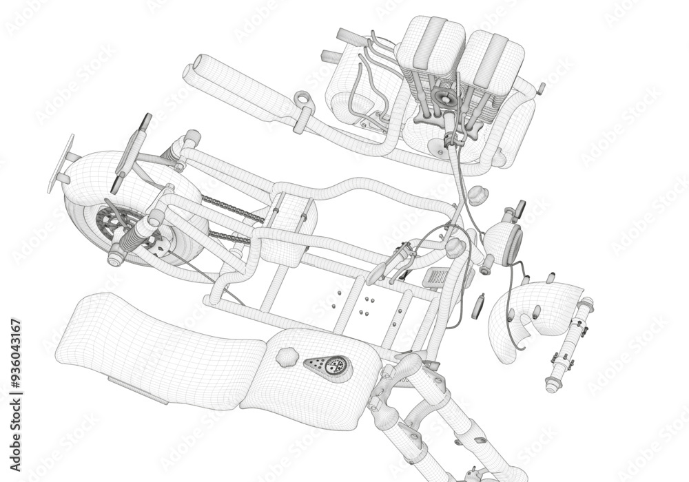 Disassembled motorcycle on a white background. Unique design. Disassembled motorcycle on a white background. Unique design.