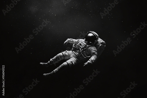 An astronaut floating in space in black and white photography in blak backgraund photo