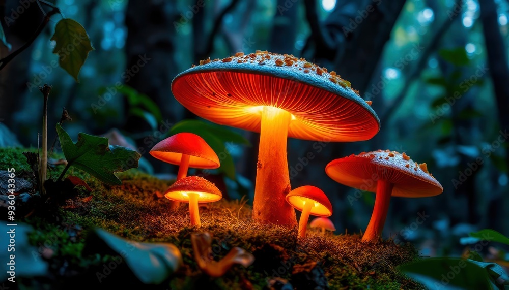 Fototapeta premium Mushroom Wallpaper ,Fantasy Wallpaper, 4K, Mushroom Light, Fantasy Mushroom, Jungle, Forest Mushroom, Jungle Background, fantasy, ai