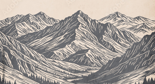 Mountain landscape. Vector graphics. Logo design for use in graphics. T-shirt print, tattoo design. Minimalist illustration for printing on wall decorations. Vintage grunge old .