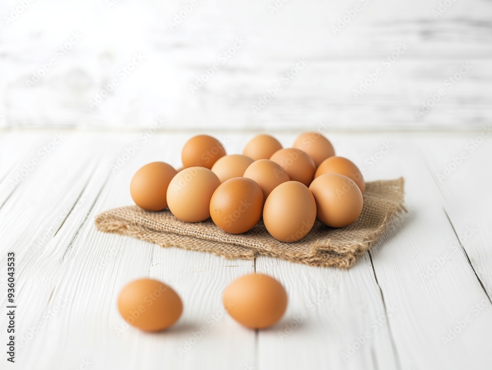 The concept of Easter day, world Egg Day, eco-farm and health nutrition. pile of fresh eggs on burlap fabric over a white wooden table background with copy space The concept of Easter day, world Egg Day, eco-farm and health nutrition. pile of fresh eggs on burlap fabric over a white wooden table background with copy space