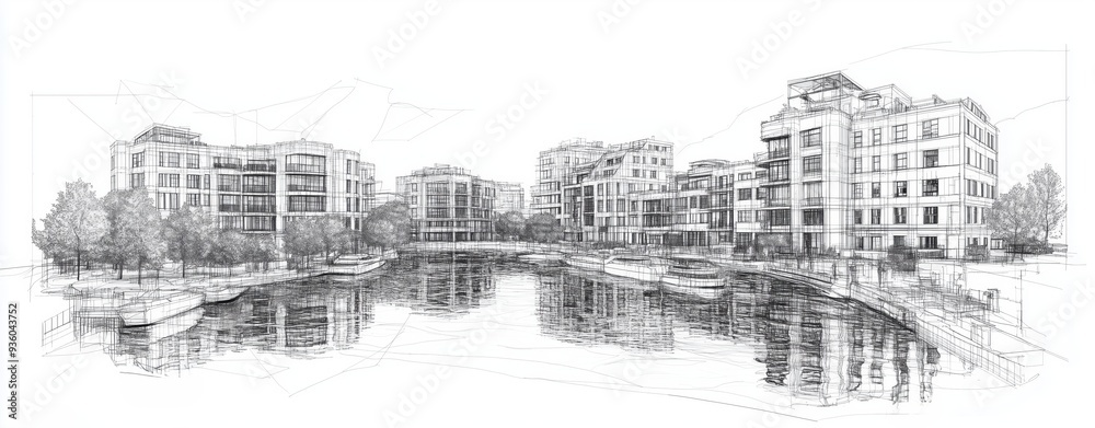 A detailed sketch of urban buildings alongside a serene river, capturing architectural elegance and natural beauty. A detailed sketch of urban buildings alongside a serene river, capturing architectural elegance and natural beauty.