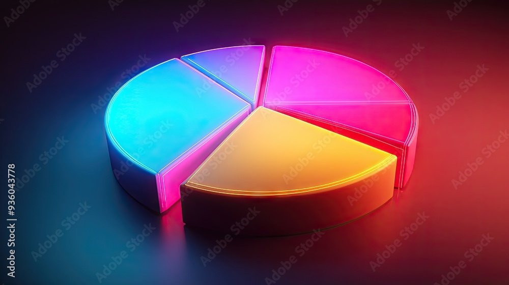 Radiant 3D financial pie chart with glowing segments in vibrant colors, illustrating market share.