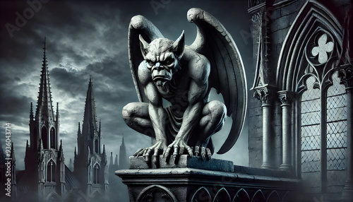 “A menacing stone gargoyle crouches atop a gothic cathedral