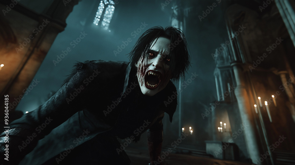Sinister Vampire in Dark Gothic Castle with Candlelit Background, Halloween Theme Sinister Vampire in Dark Gothic Castle with Candlelit Background, Halloween Theme