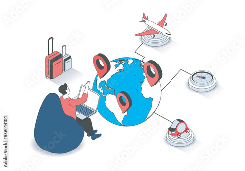 Travel vacation 3d isometric concept with isometry people design for web. Man planning vacation and booking online flight tickets with luggage, planning hiking and rest trip. Vector illustration.