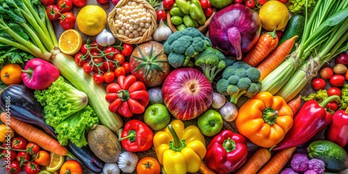 Vibrant stock photo of various fruits and vegetables arranged in a colorful display