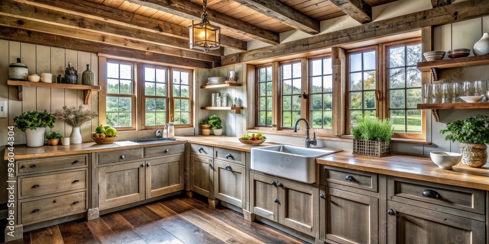 Rustic farm house kitchen with natural light, farmhouse sink, vintage cabinets, and wooden beams Rustic farm house kitchen with natural light, farmhouse sink, vintage cabinets, and wooden beams