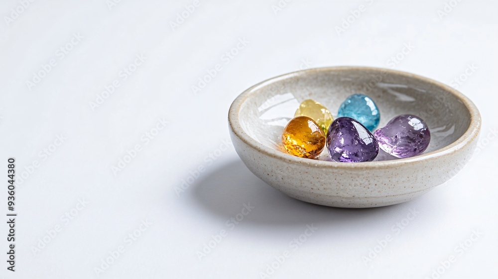 Single Small Ceramic Dish with Colorful Gemstones on Clean White Background Single Small Ceramic Dish with Colorful Gemstones on Clean White Background