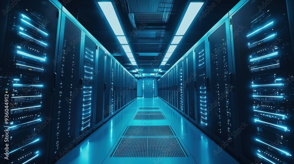 A sleek, modern data center with rows of servers emitting a cool blue glow, technicians monitoring data streams on multiple screens, cables neatly organized along the floor, and LED lights blinking A sleek, modern data center with rows of servers emitting a cool blue glow, technicians monitoring data streams on multiple screens, cables neatly organized along the floor, and LED lights blinking