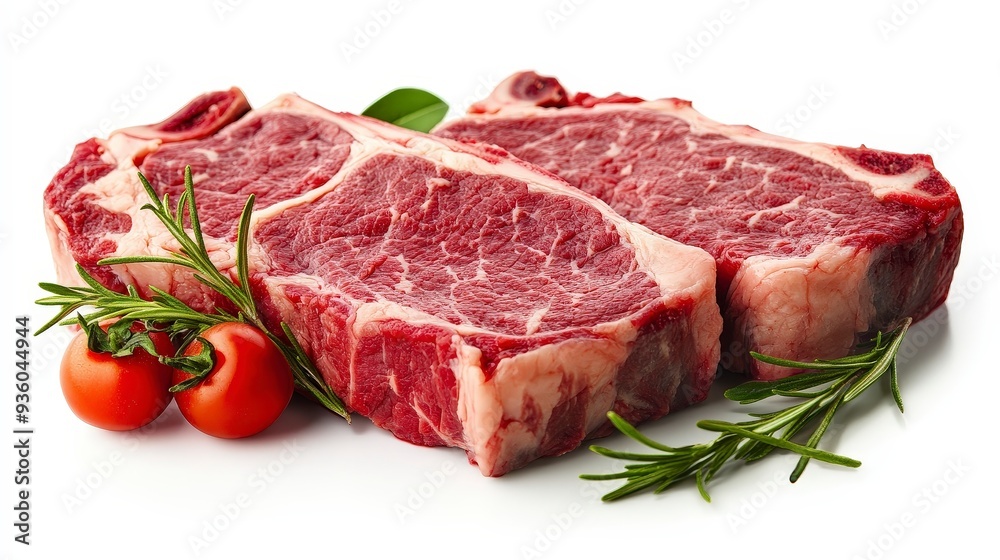 Two raw beef steaks with rosemary sprigs and cherry tomatoes isolated on white background. Two raw beef steaks with rosemary sprigs and cherry tomatoes isolated on white background.