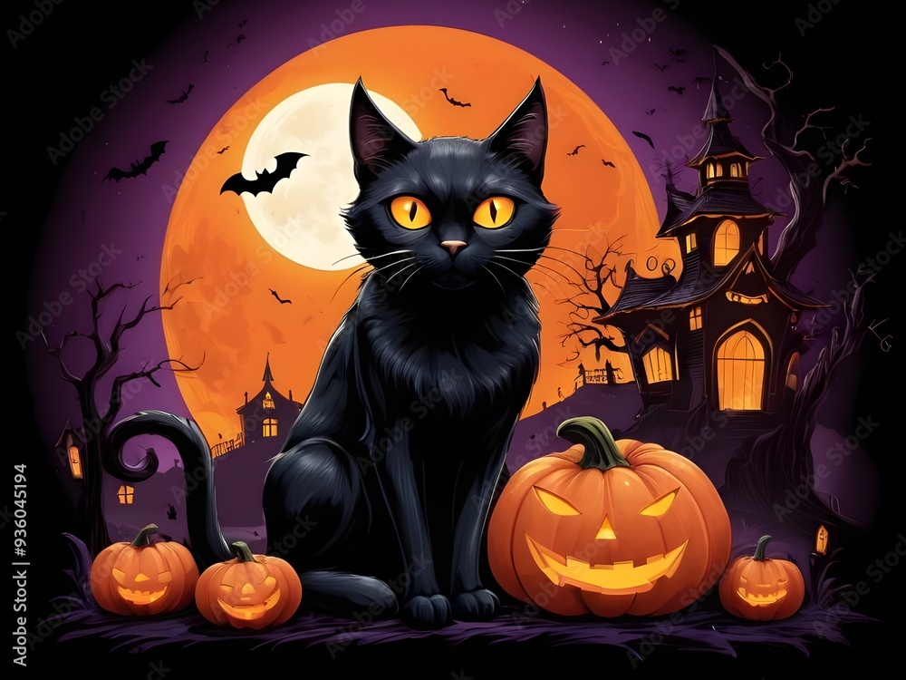 Halloween Neon painting of a black cat with bright orange eyes