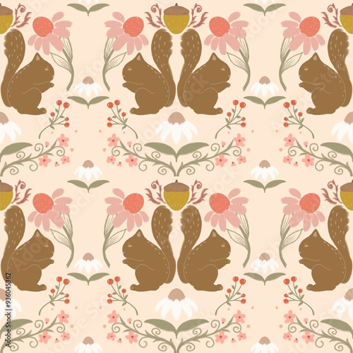 Cute cartoon watercolor hand draw seamless squirrels with floral pattern on beige background. Perfect design for fabric, clothing, decoration, texture, textile, ornaments  photo