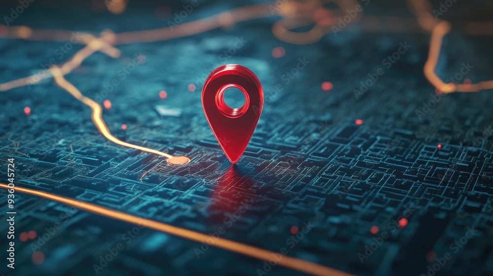 Red map pin positioned on a high-tech, interactive road map display. -