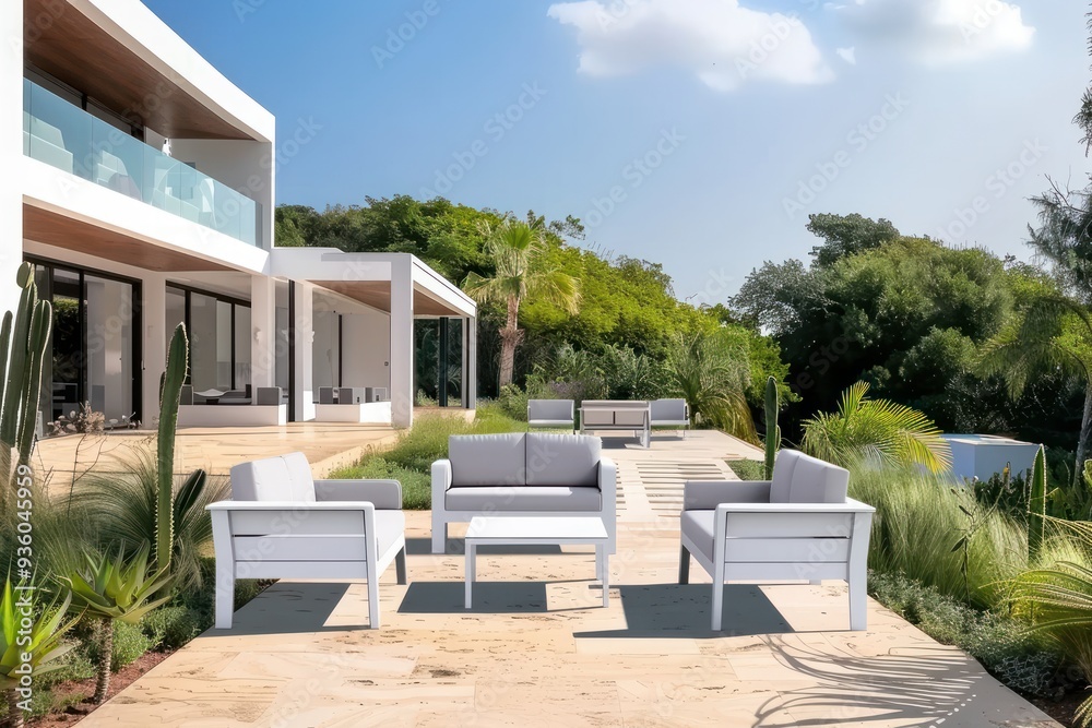 Fototapeta premium Luxurious outdoor patio with infinity pool and ocean view