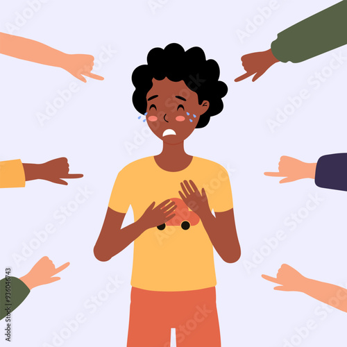A young boy feeling upset while being surrounded by pointing hands expressing blame and judgment