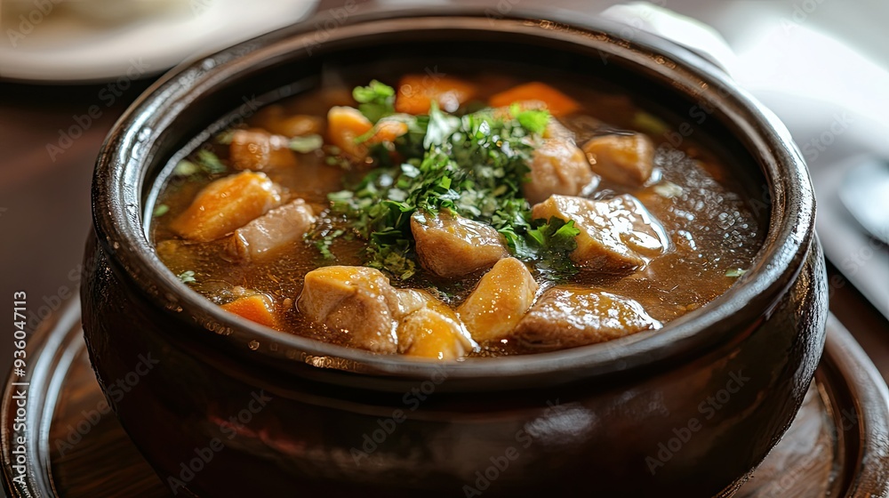 Shark fin stew served in a clay pot, capturing the rich color of the broth and the tender fin pieces. Shark fin stew served in a clay pot, capturing the rich color of the broth and the tender fin pieces.