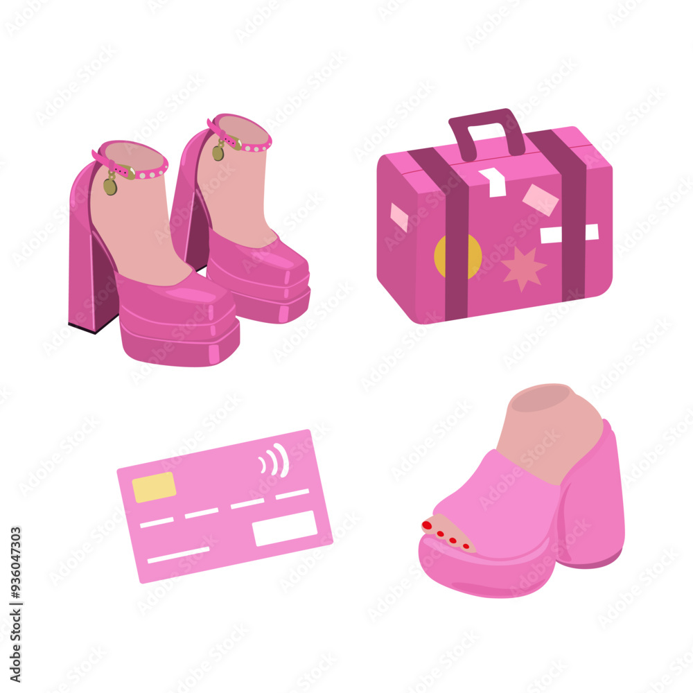 Pink flat icons set. Pink fashion high-heeled shoes, a pink credit card and a suitcase for travel. Glamorous vector illustration on a white background Pink flat icons set. Pink fashion high-heeled shoes, a pink credit card and a suitcase for travel. Glamorous vector illustration on a white background