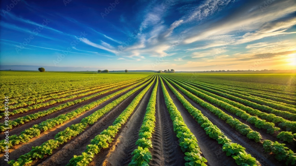 Agriculture field with rows of crops under clear blue sky Agriculture field with rows of crops under clear blue sky