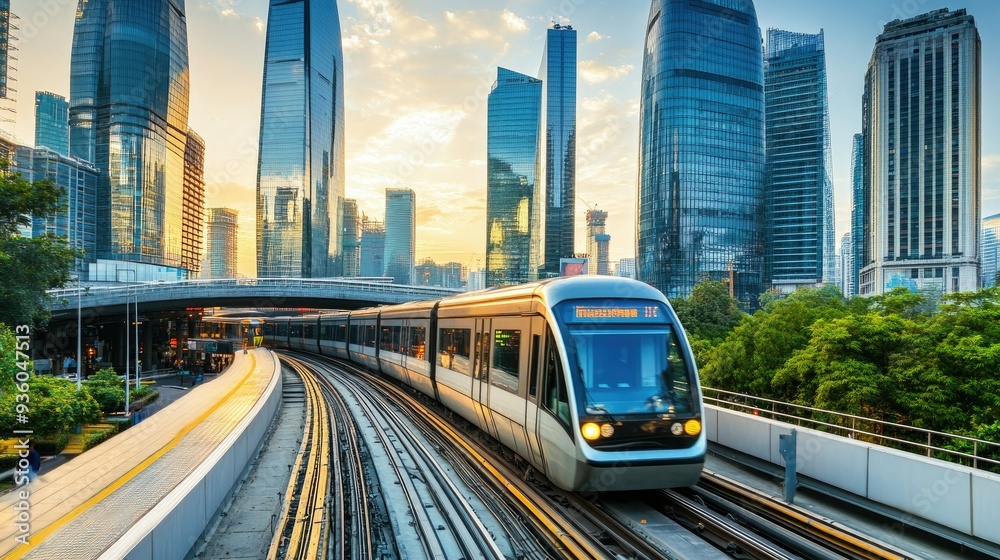Fototapeta premium sky trains and mass transportation station with modern building in city background
