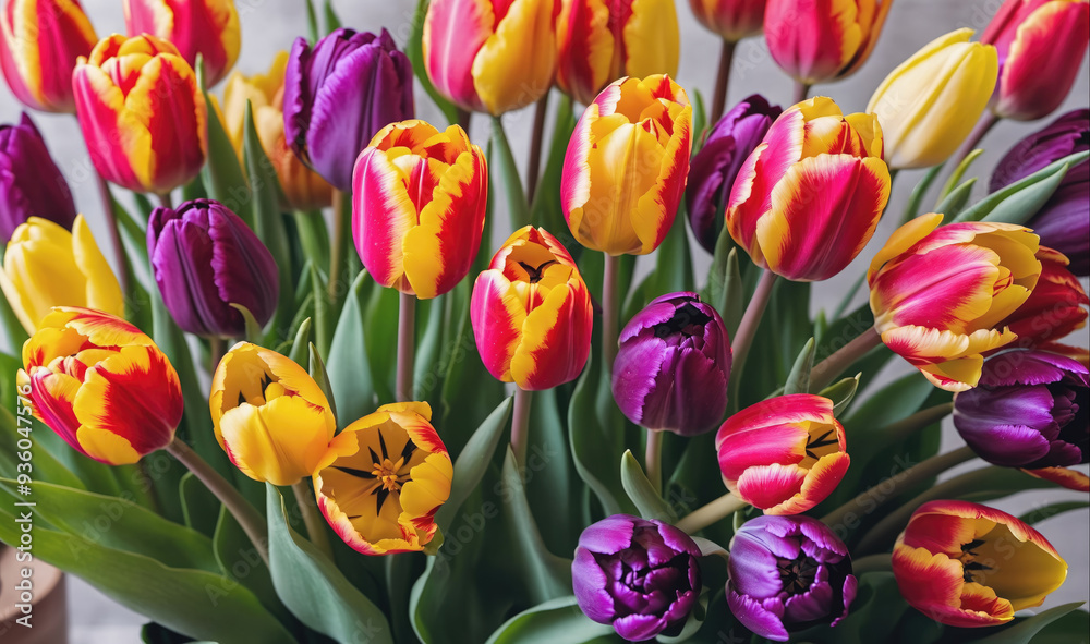 A vibrant bouquet of tulips, including yellow, red, and purple varieties, sits in a vase against a gray backdrop A vibrant bouquet of tulips, including yellow, red, and purple varieties, sits in a vase against a gray backdrop