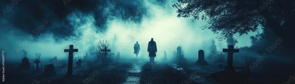 Haunted Halloween night ethereal figures floating through a dark, foggy cemetery, captured in eerie lighting, Spooky, Cool Tones, Atmospheric Haunted Halloween night ethereal figures floating through a dark, foggy cemetery, captured in eerie lighting, Spooky, Cool Tones, Atmospheric
