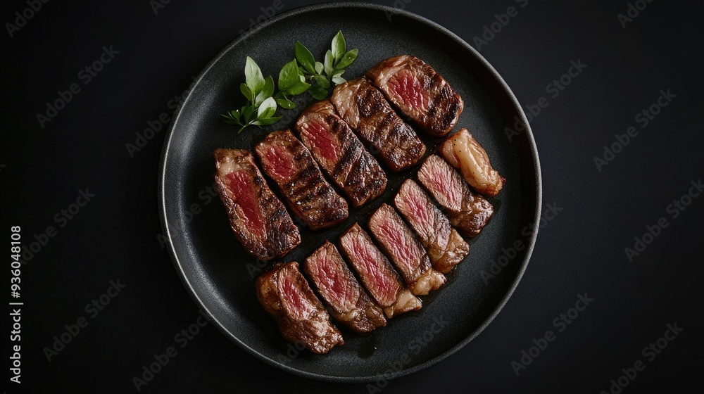 Sliced Wagyu Rib Eye steak on a plate, grilled and arranged with precision. The dark background adds contrast to the succulent meat. Top view. Sliced Wagyu Rib Eye steak on a plate, grilled and arranged with precision. The dark background adds contrast to the succulent meat. Top view.