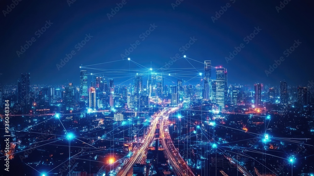 Fototapeta premium Smart city and communication network concept. 5G. IoT (Internet of Things). Telecommunication.