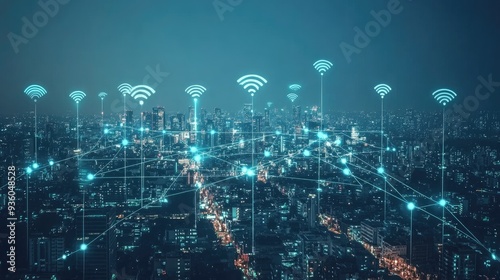 Smart city and communication network concept. 5G. IoT (Internet of Things). Telecommunication.