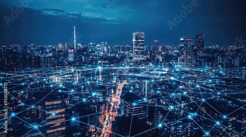 Smart city connection dot point connect with line network, technology metaverse concept.Big data connection technology. Telecommunication and communication network concept.