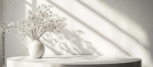 Minimalist White Vase with Dried Flowers on Round Table in Sunlit Room with Soft Shadows