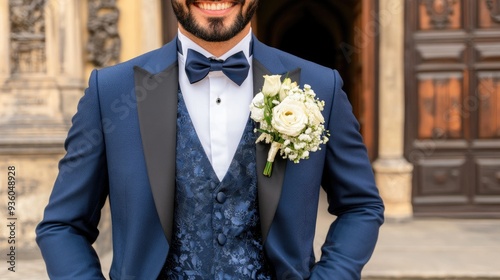 A groom's hand delicately holds a beautifully arranged bouquet of pastel blue and pink flowers against a clean white wall, symbolizing love and celebration photo