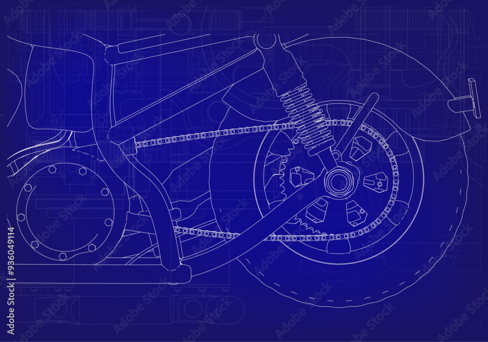 Fototapeta premium Wheel and shock absorbers on a blue background.