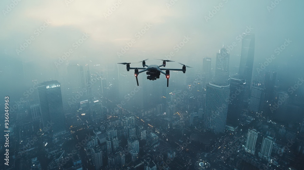 Naklejka premium An autonomous drone flying overhead capturing high-resolution footage of a smart city below with AI-powered navigation and data processing systems ensuring precision and safety