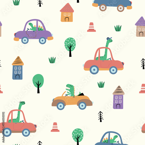 Childish seamless pattern with dinosaurs in cars . Colorful vector illustration.