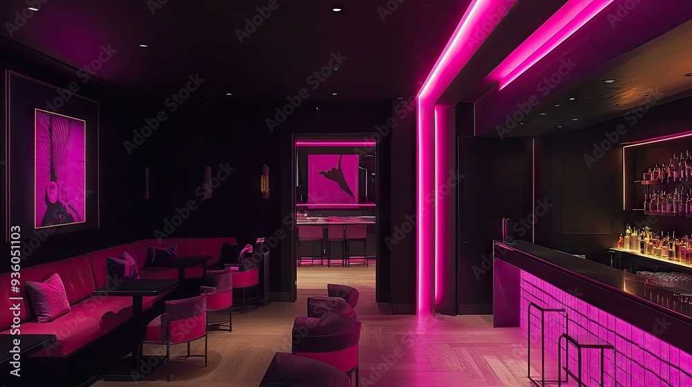 Stylish neon-lit room with black walls and neon pink accents creating a vibrant atmosphere. Stylish neon-lit room with black walls and neon pink accents creating a vibrant atmosphere.