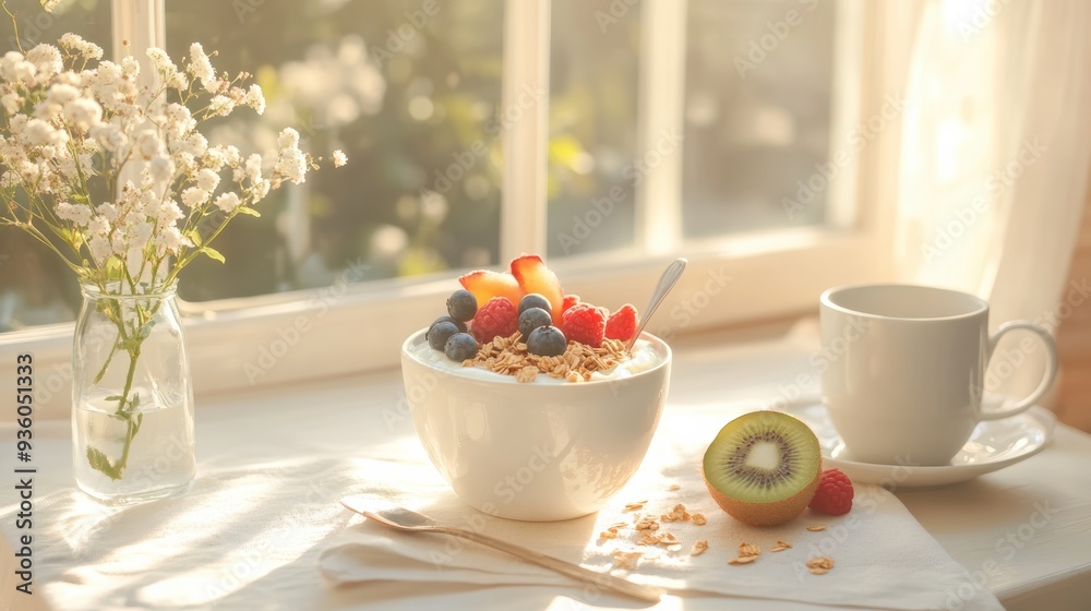 Sunlit breakfast with yogurt, granola, fresh fruit, and a cup of coffee Sunlit breakfast with yogurt, granola, fresh fruit, and a cup of coffee