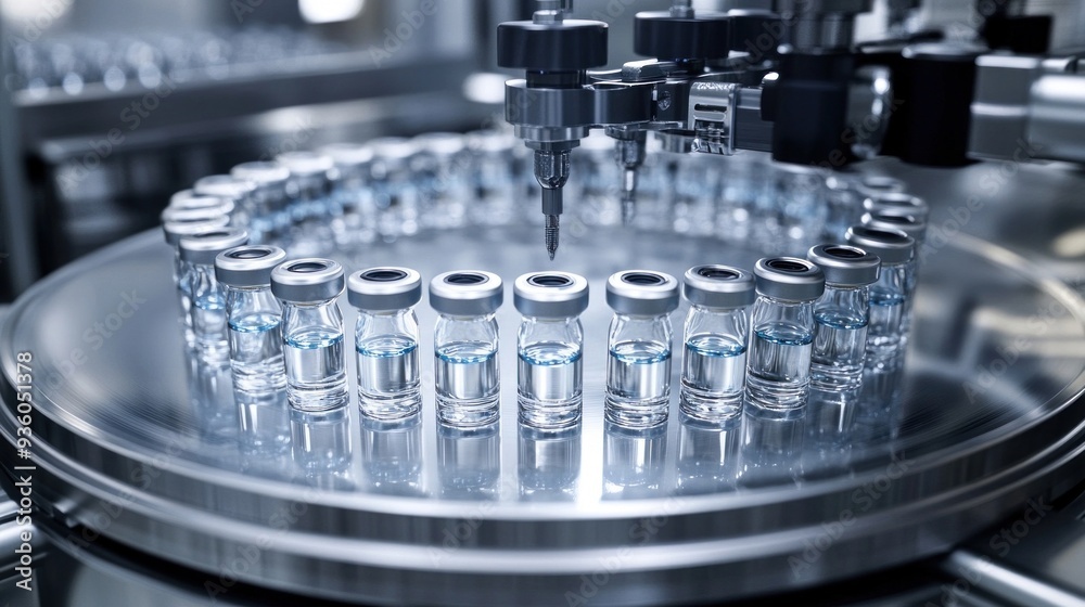 Vials in a sterile laboratory setting. Glass containers are organized on a circular table. This scene highlights pharmaceutical manufacturing equipment for health solutions. Vials in a sterile laboratory setting. Glass containers are organized on a circular table. This scene highlights pharmaceutical manufacturing equipment for health solutions.