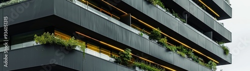 Eco-friendly building. Sustainable office building with garden on balconies for reducing carbon dioxide. Office building with green environment. Corporate building reduce CO2. Net zero building.