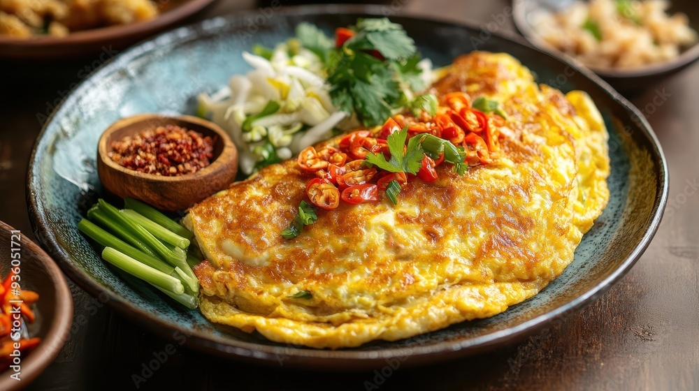 Indonesian Style Telur Dadar on Rustic Plate with Sambal
